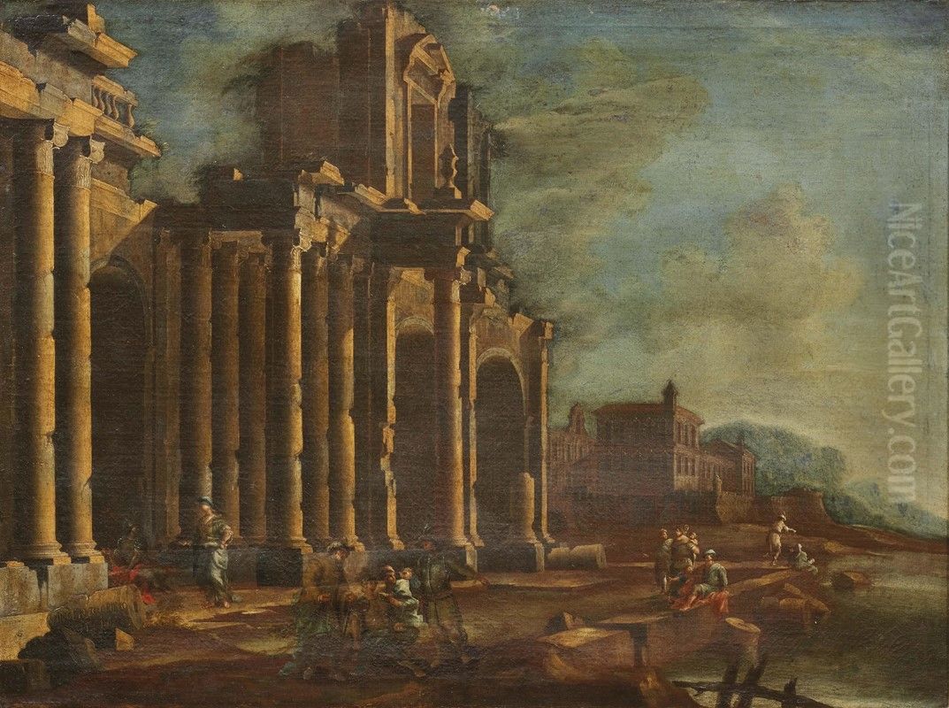 Architectural capriccio with figures and classical ruins on a river bank Oil Painting by Vincenzo Greco