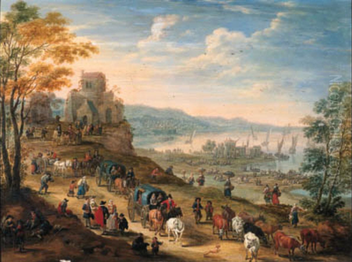 Coastal scene with drovers and their herds and travellers in horse-drawn carts on a path Oil Painting by Mathys Schoevaerdts