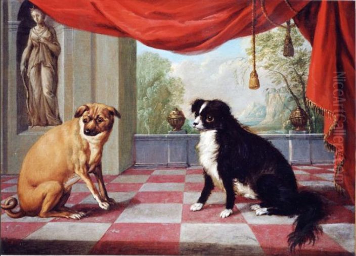 Two dogs seated on a terrace with a red curtain and a statue of Diana on a nich Oil Painting by Jan van, the Younger Kessel