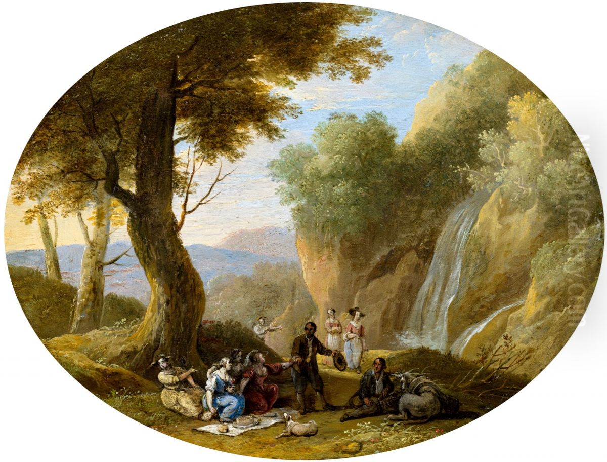 Landscape with figures near a waterfall Oil Painting by Jan van den Hecke the Younger