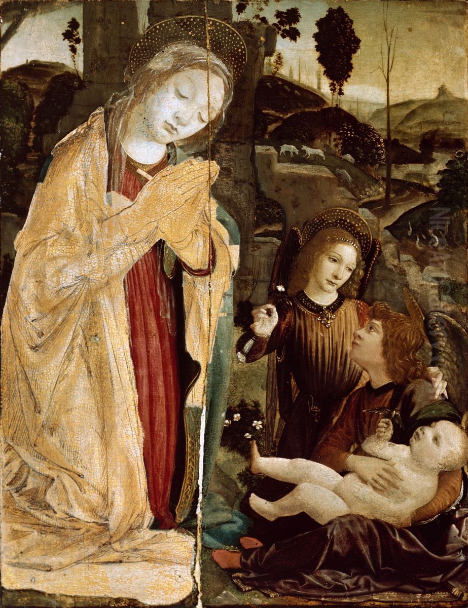 Madonna and Two Angels Adoring the Christ Child Oil Painting by Leonardo Da Vinci
