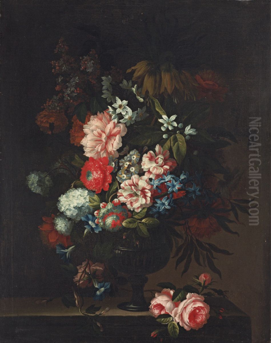 Tulips, carnations, chrysanthemums and other flowers in a glass vase, with roses on a stone ledge Oil Painting by Pieter Hardime