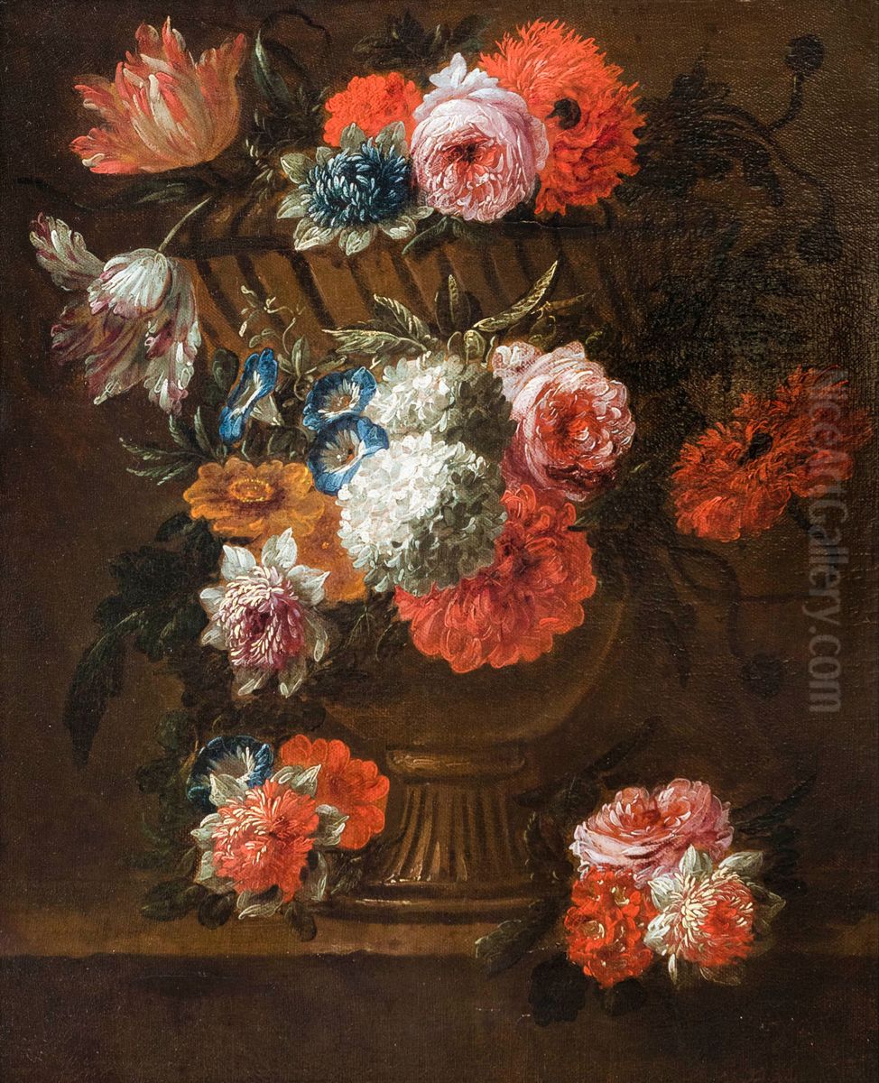 Flowers in a vase on a table Oil Painting by Peter Frans Casteels
