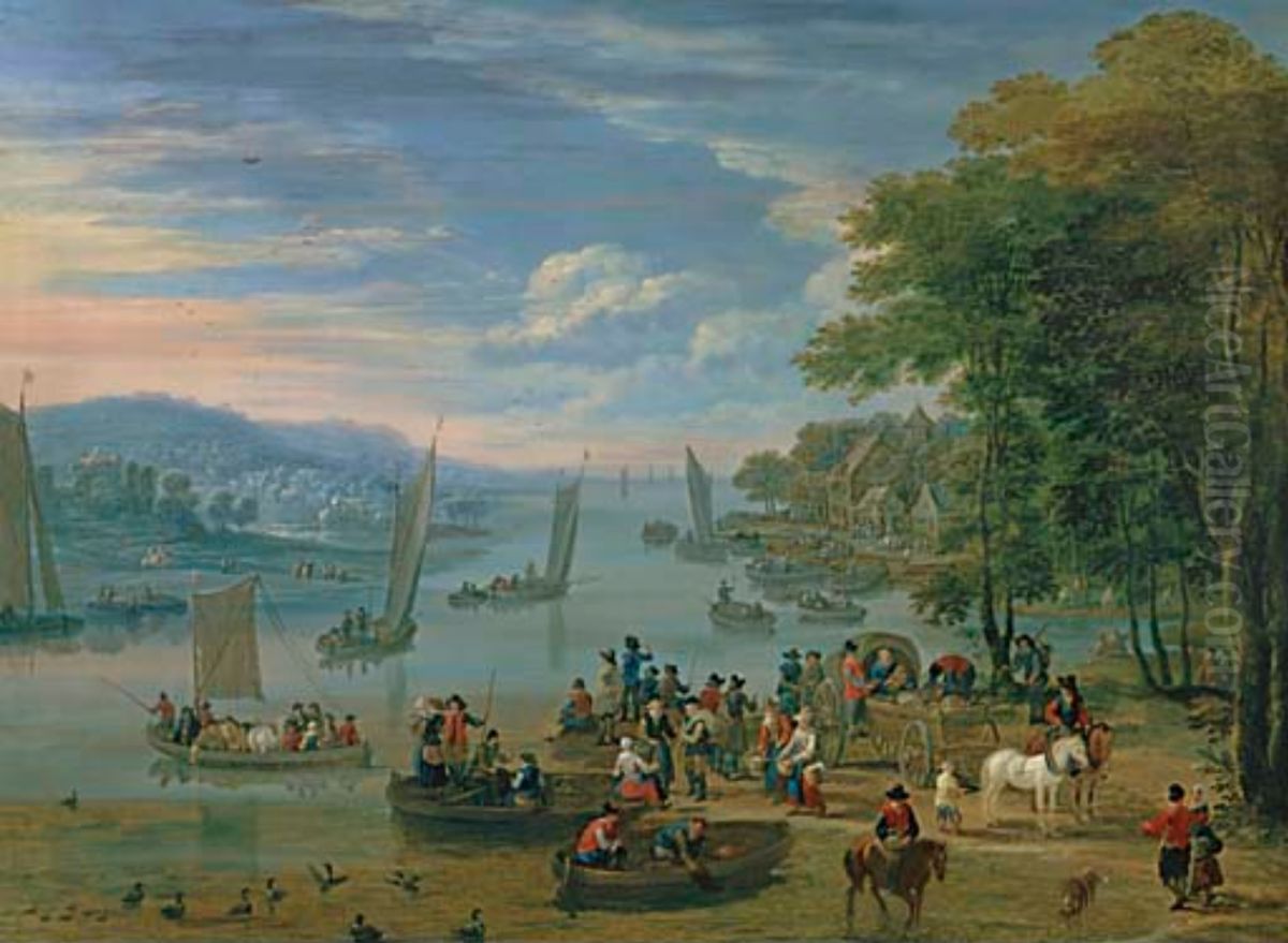 Town on an estuary with peasants in boats Oil Painting by Mathys Schoevaerdts