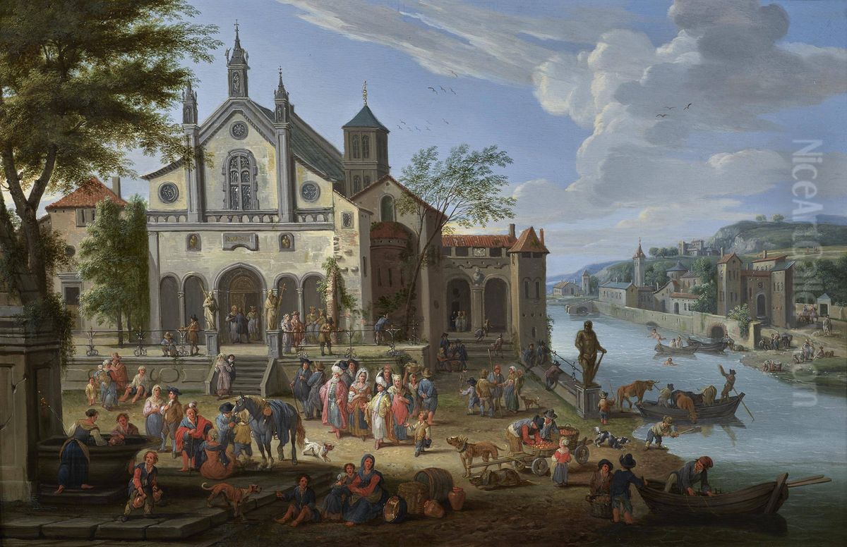 Orientals gathered before a Church Oil Painting by Mathys Schoevaerdts