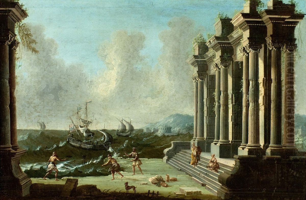 Figures Among Classical Ruins with Ships in Stormy Waters Beyond Oil Painting by Gennaro Greco