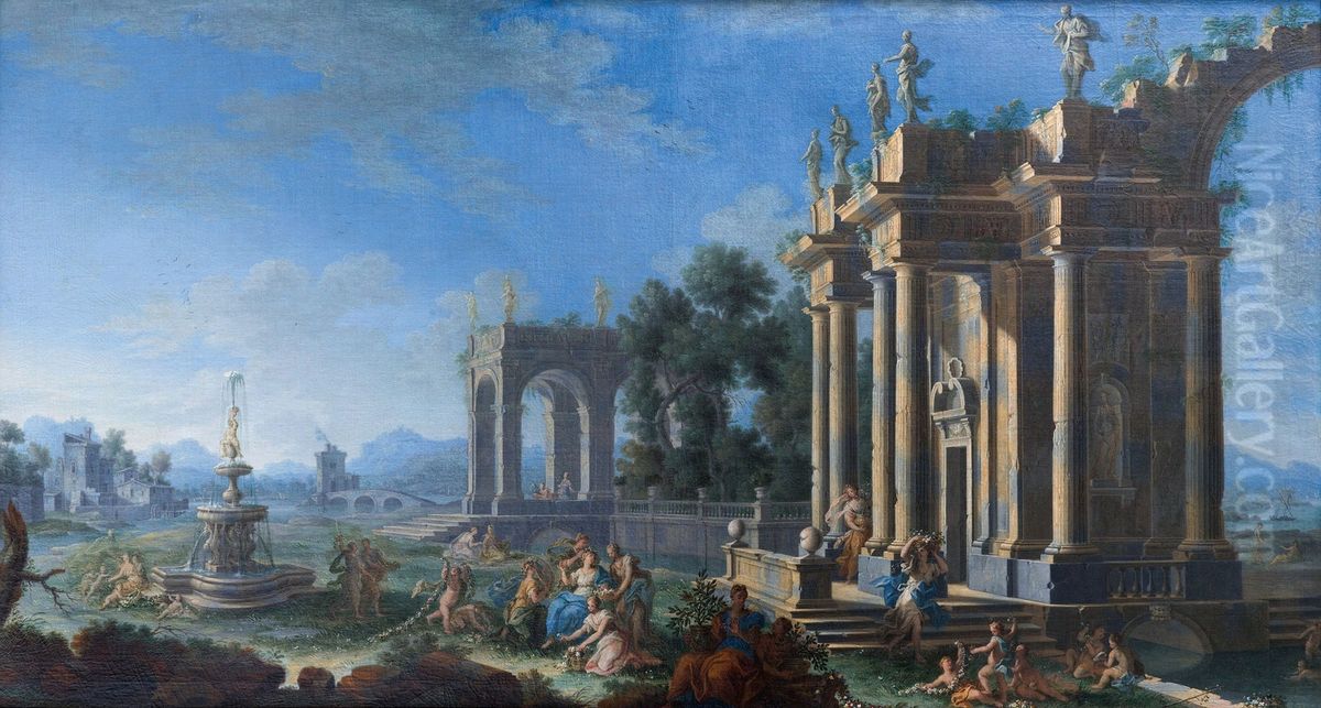 Flora surrounded by her nymphs in a landscape of ancient ruins Oil Painting by Gennaro Greco