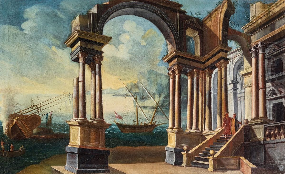 Capriccio con architetture e navi alla fonda Oil Painting by Gennaro Greco