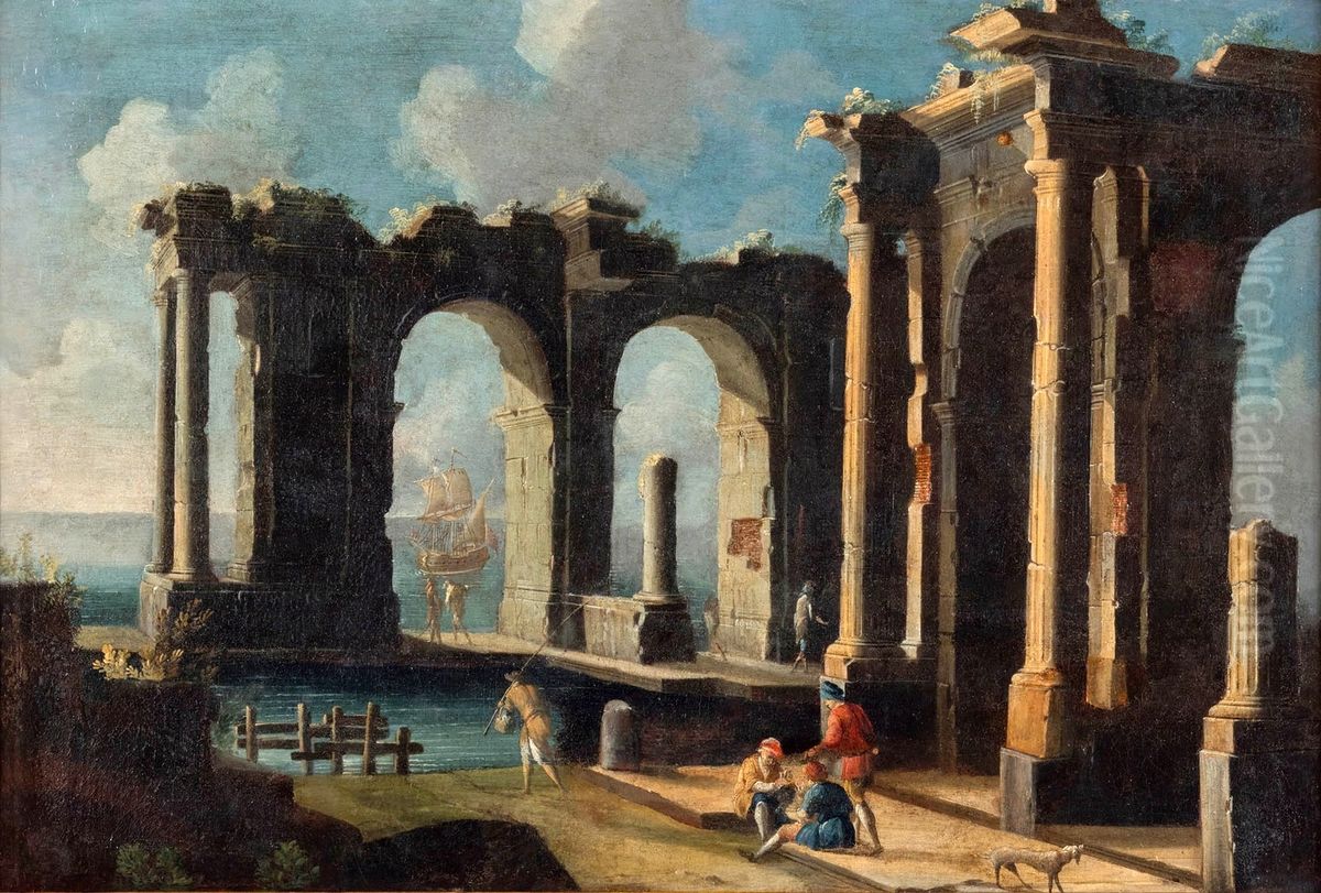 Paire de scenes de ports mediterraneens en ruines Oil Painting by Gennaro Greco