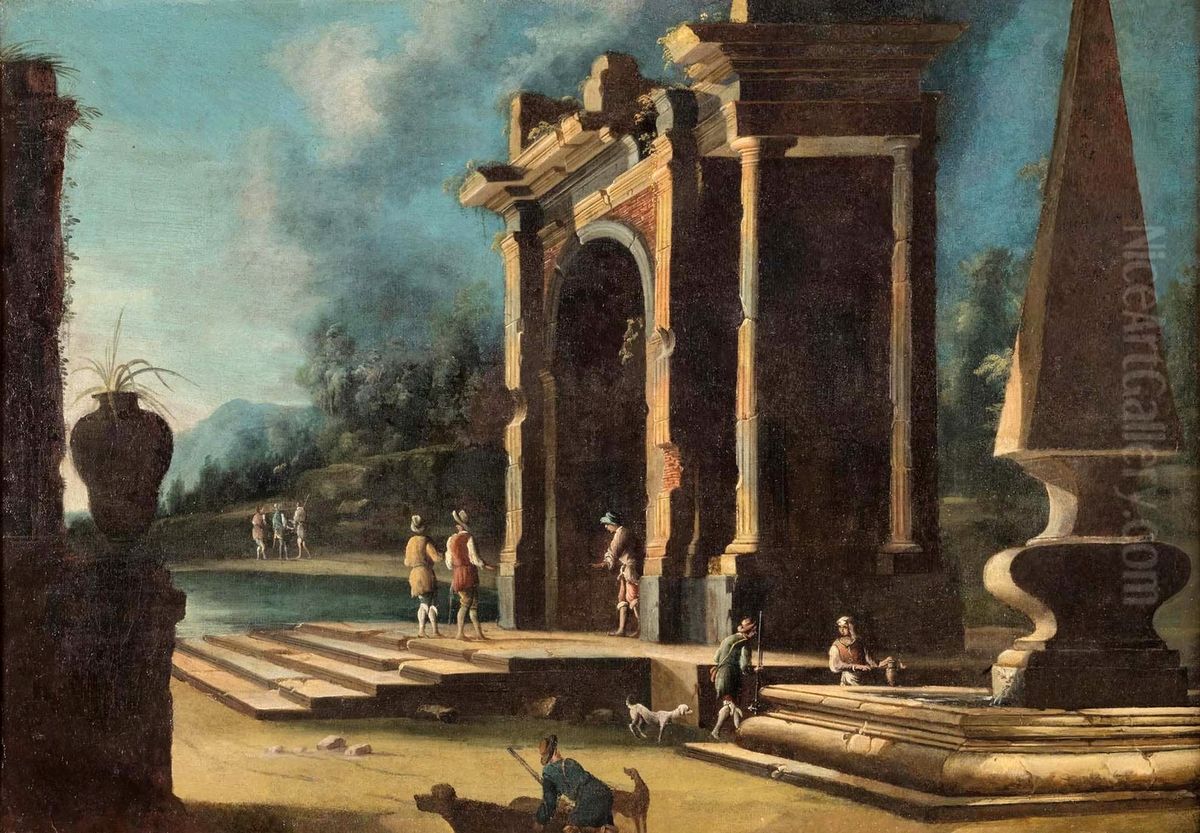 Paire de scenes de ports mediterraneens en ruines (2) Oil Painting by Gennaro Greco