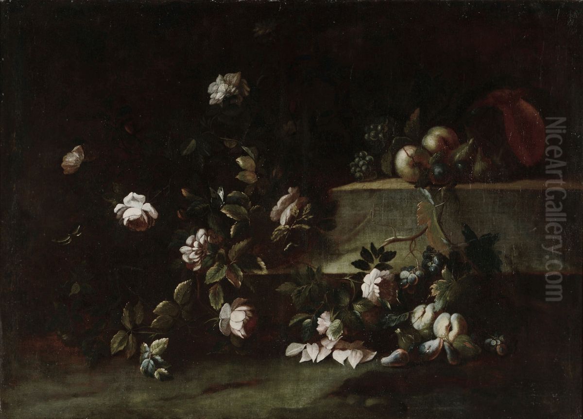 Still life with flowers and peaches Oil Painting by Nicola van Houbraken
