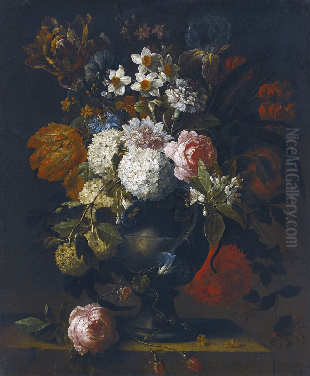 Still life of guelder roses, tulips, daffodils, an iris, a peony and other flowers in a vase on a stone ledge Oil Painting by Gaspar Peeter Verbruggen the Younger