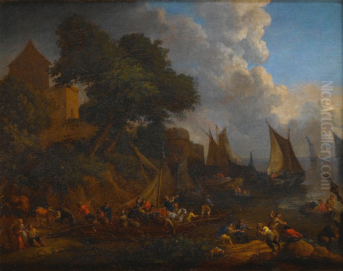 Harbour with figures loading their vessels Oil Painting by Lucas Smout the Younger