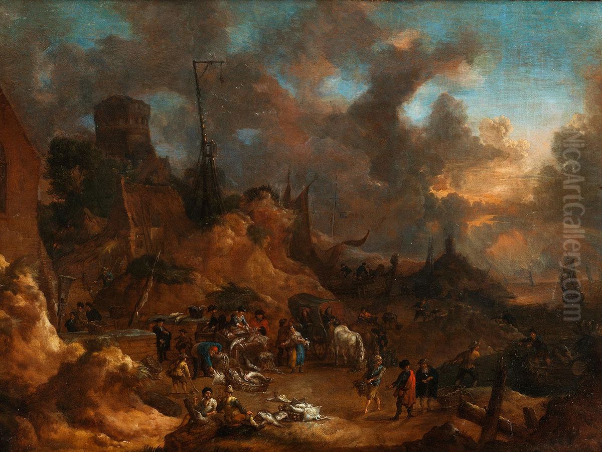Fish market on the coast Oil Painting by Lucas Smout the Younger