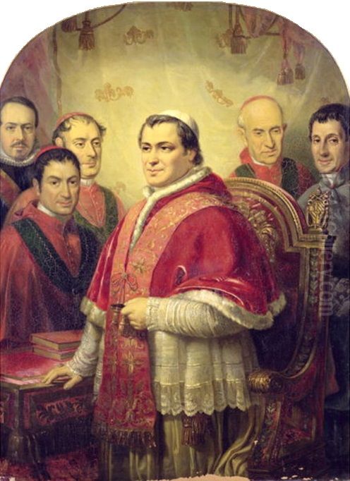 Pope Pius IX with ministers Oil Painting by Jose Galofre Y Coma
