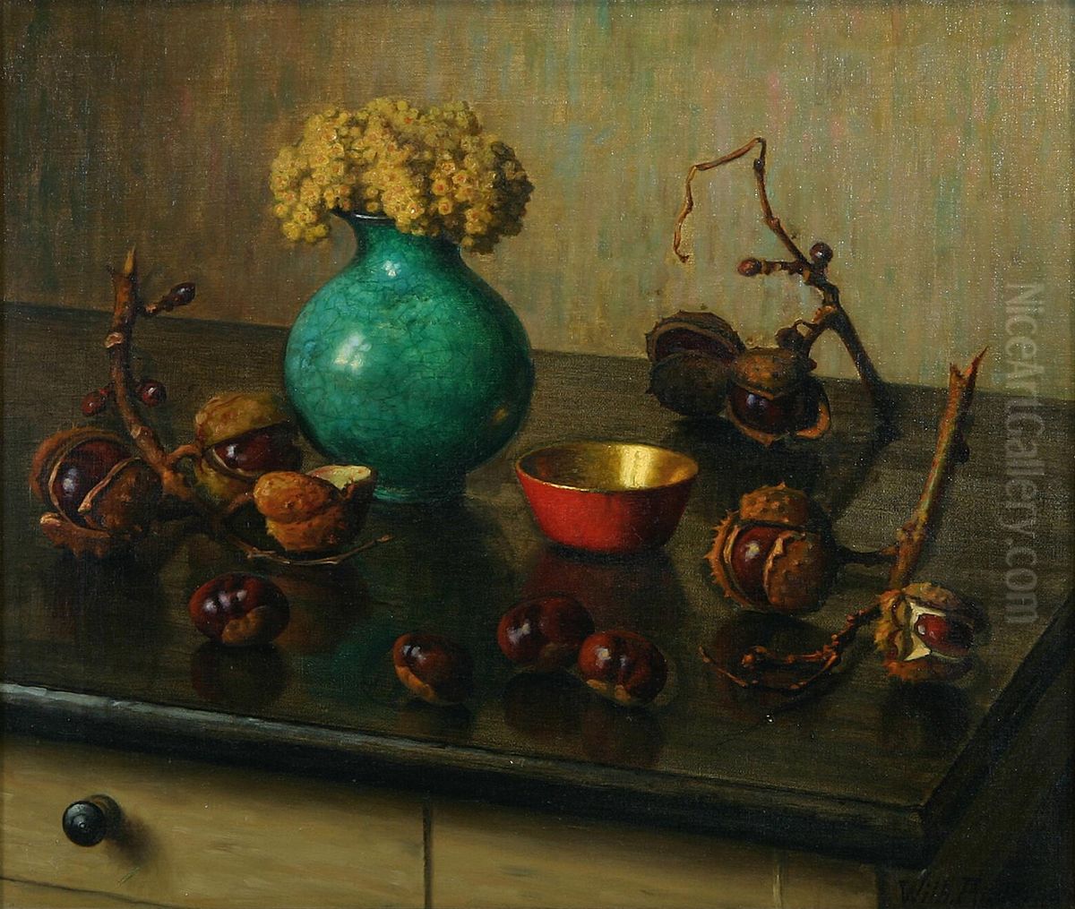 Still life with chestnuts, bowl and flowers in a vase. Oil Painting by Wilhelm Andersen