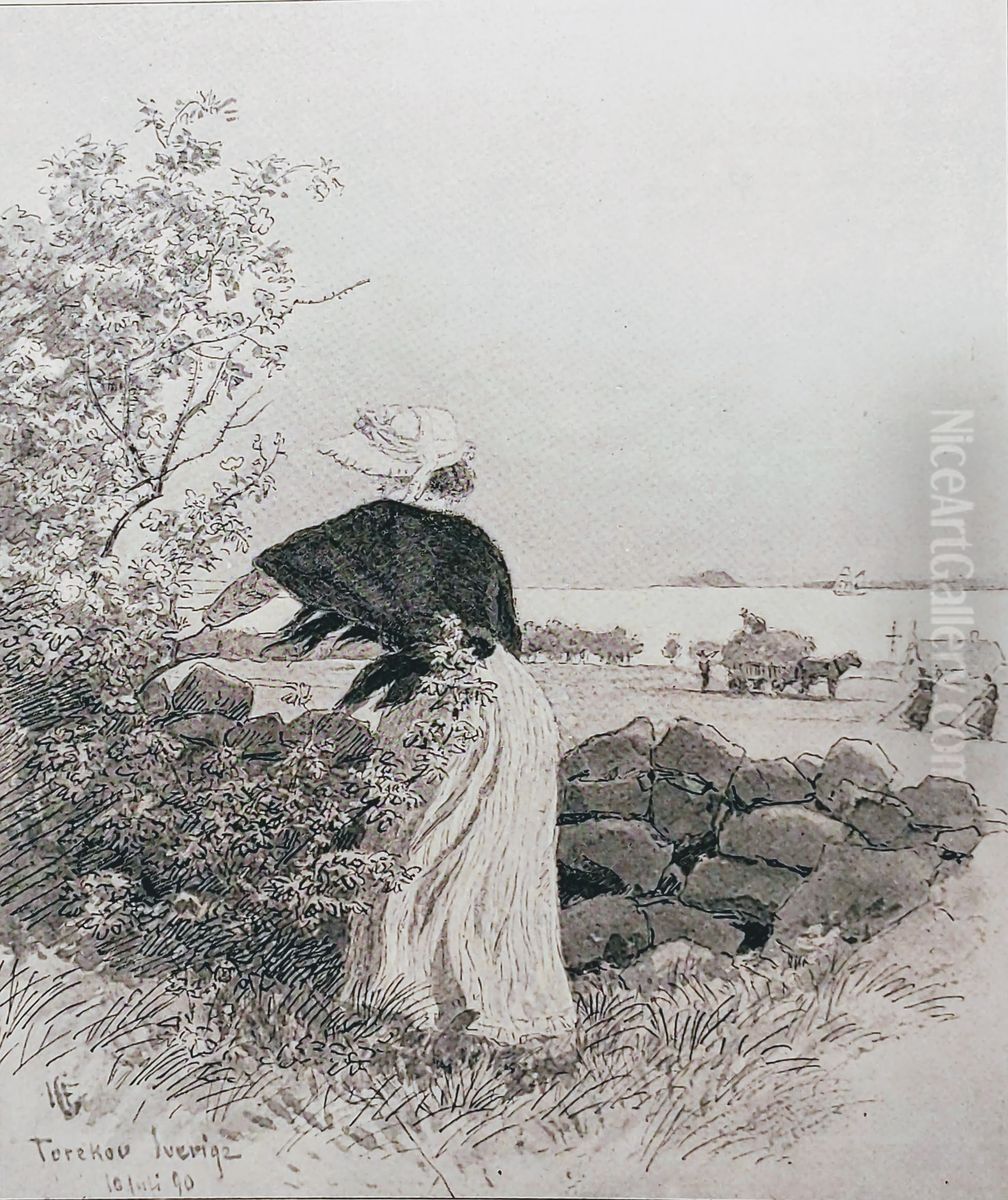 In the Rose Hedge Oil Painting by Hans Gude