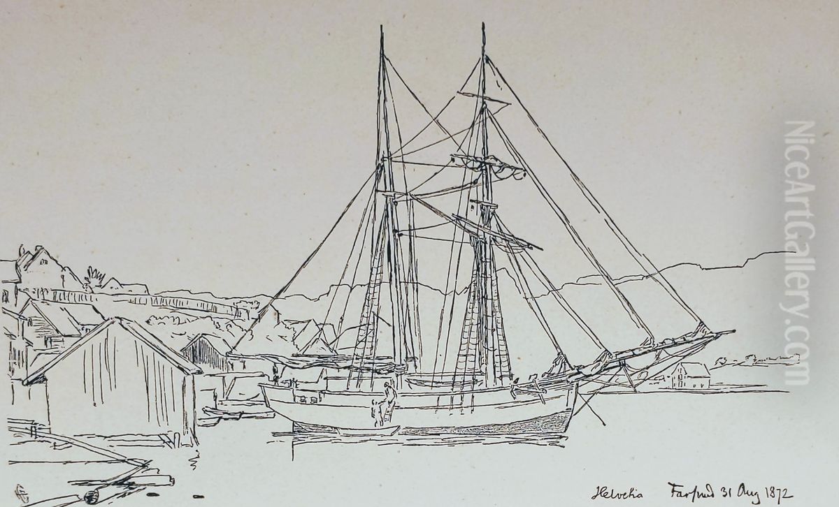 In Farsund's Harbour Oil Painting by Hans Gude