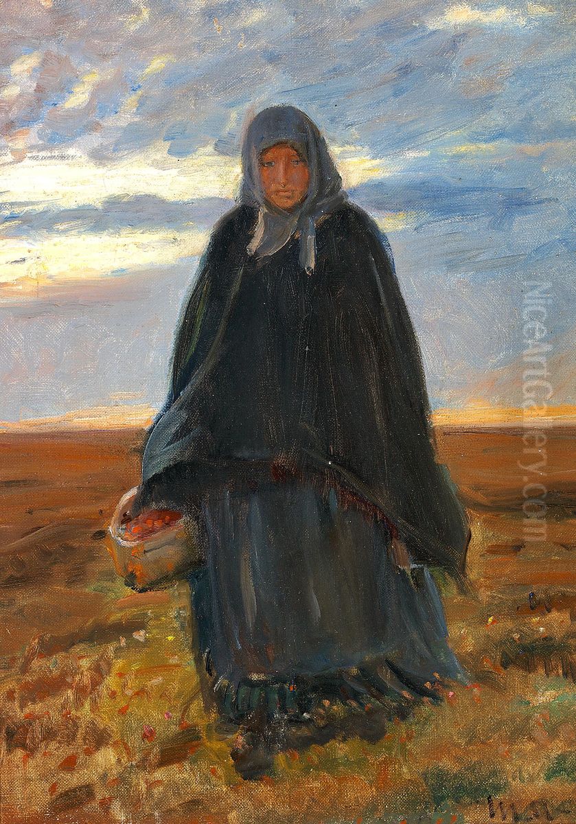 Anna Baltzer returning home with a basket of berries. Oil Painting by Michael Peter Ancher