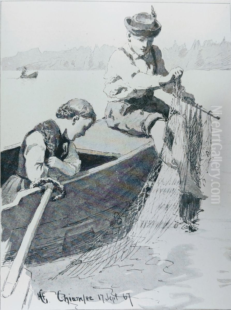 Fiskerborn ved Chiemsee Oil Painting by Hans Gude