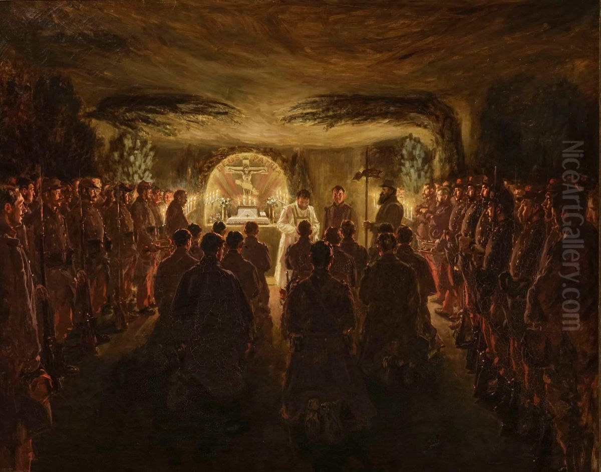 Messe de minuit dans les carrieres de Confrecourt le 24 decembre 1914 Oil Painting by Louis Tinayre