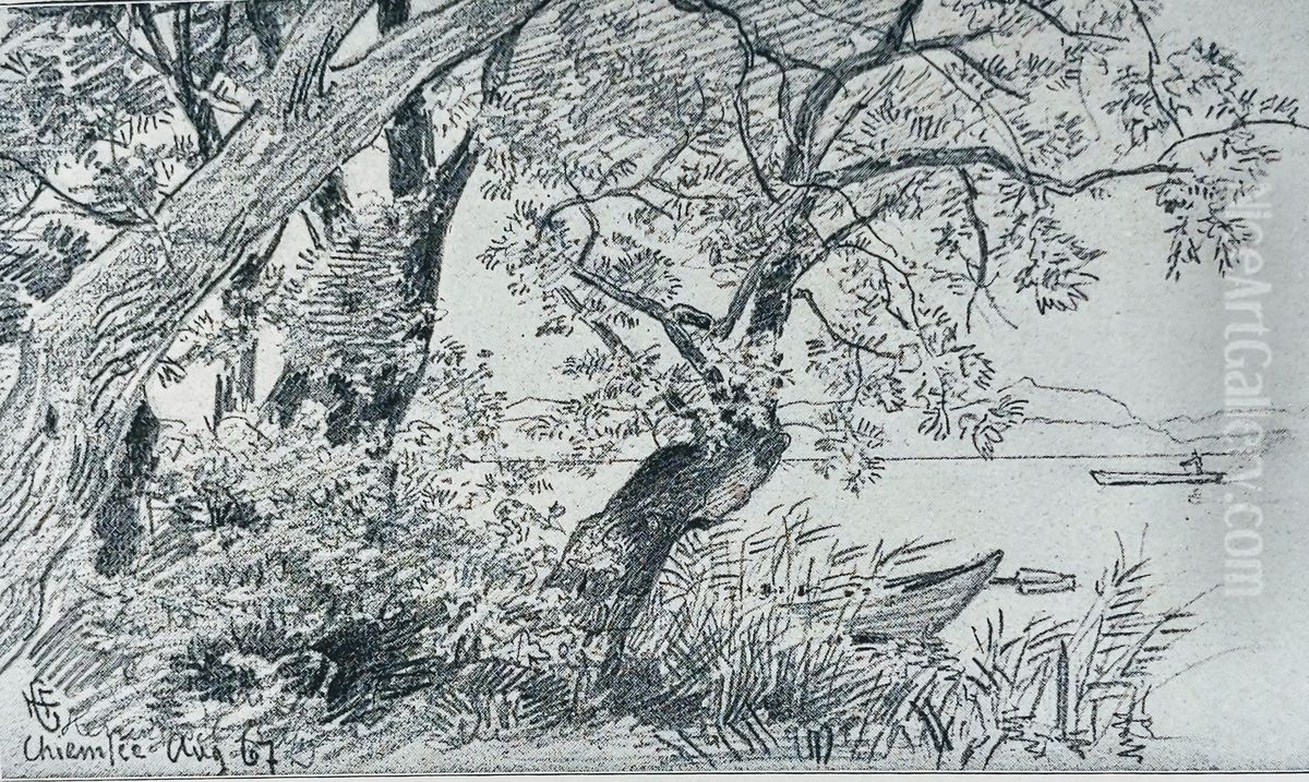 Willow Trees at the Beach of Chiemsee Oil Painting by Hans Gude