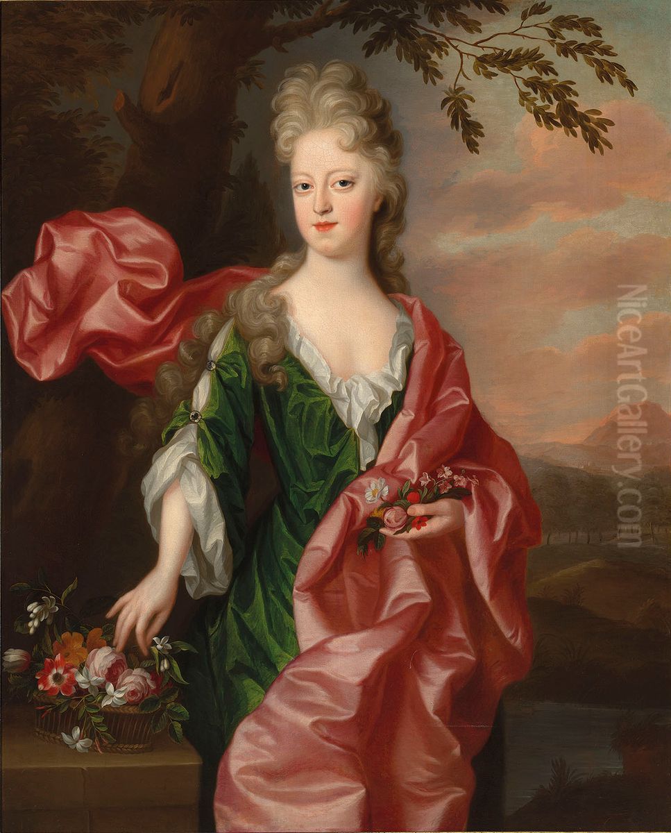 Portrait of Elizabeth Boys, three-quarter-length, in a green dress and red wrap Oil Painting by Frederick Kerseboom