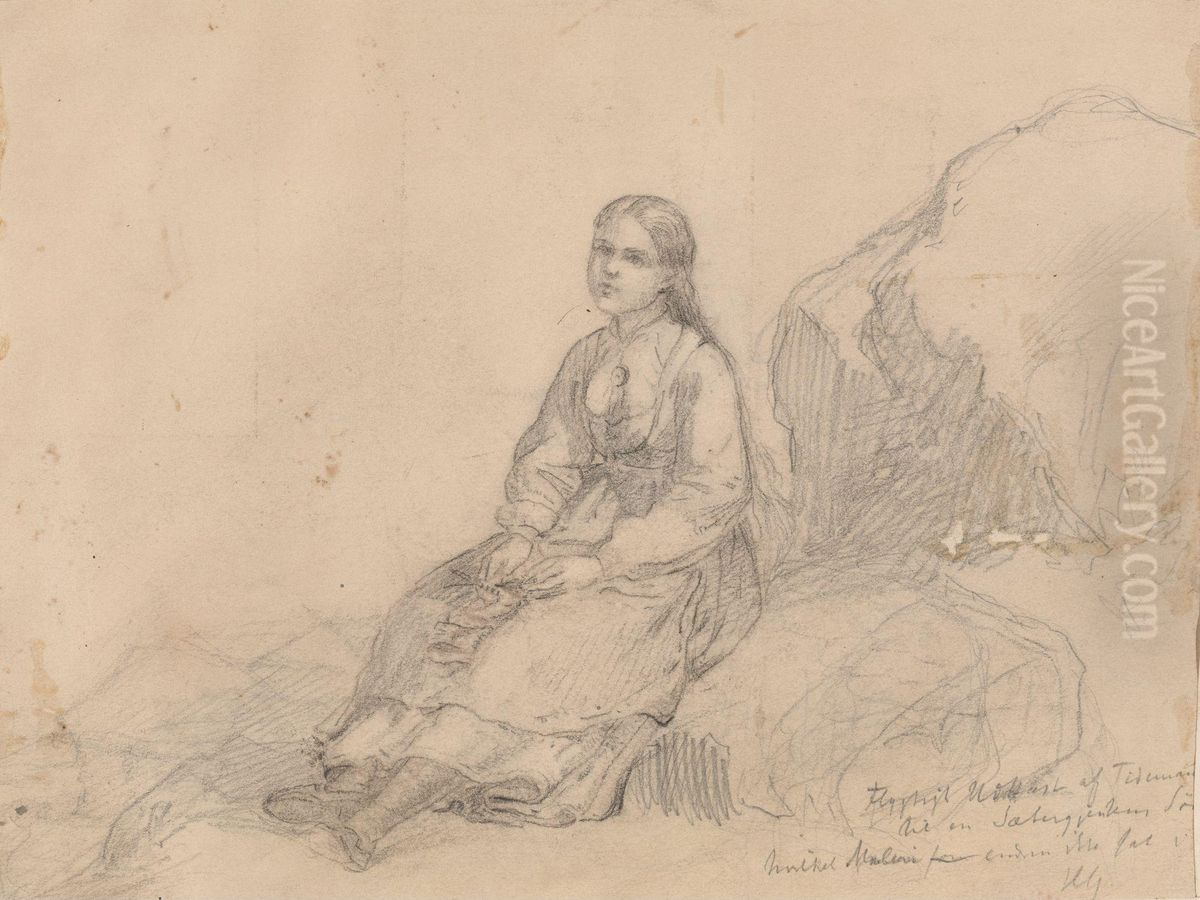 Jente i fjellandskap Oil Painting by Hans Gude