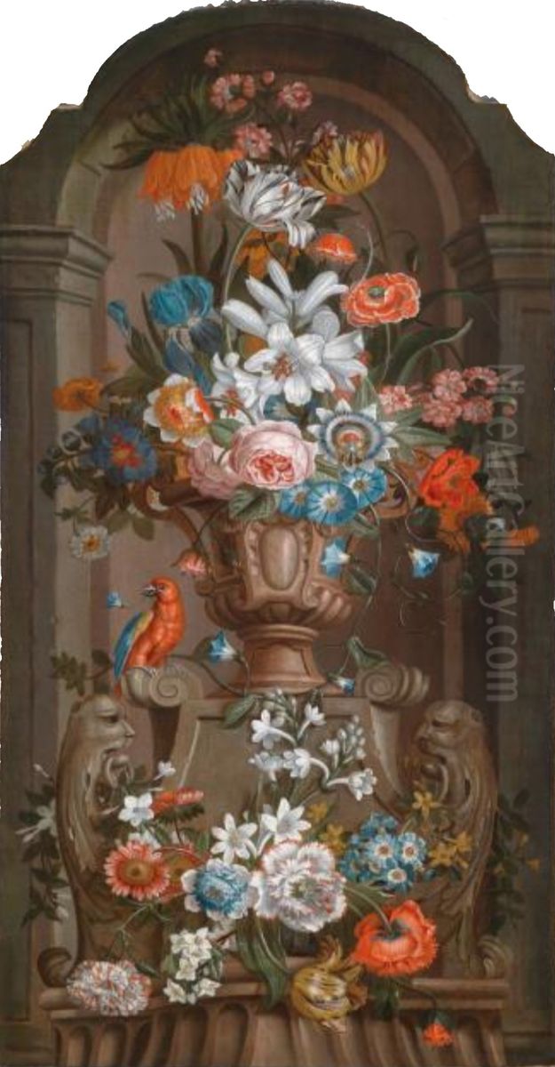 Magnificent still life and a vase of flowers and a parrot in a niche Oil Painting by Pieter Hardime