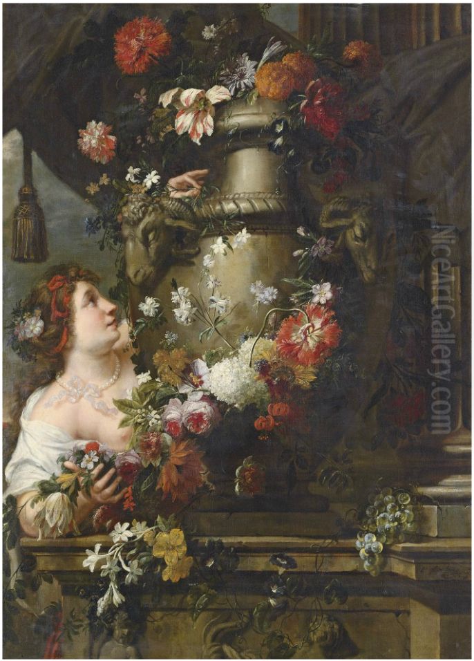 A lady adorning a sculpted urn with roses, lilies and other flowers, with a draped column and grapes on a stone ledge Oil Painting by Peter Ykens