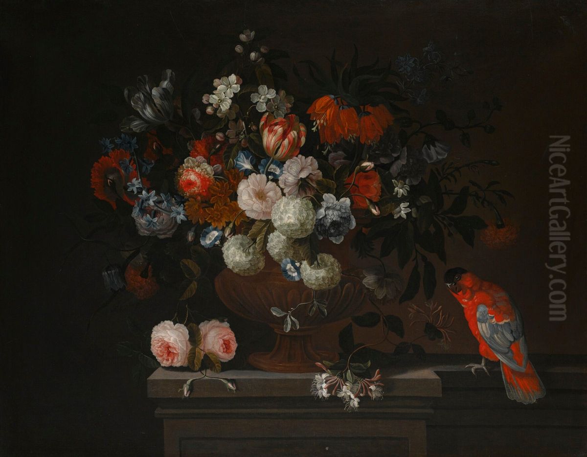 Still life of flowers with roses, tulips and snowballs in a bronze urn on a stone pedestal, together with a parrot Oil Painting by Simon Hardime