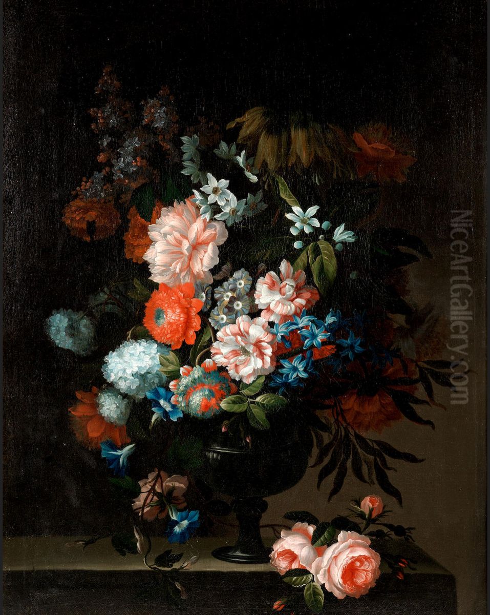Tulips, carnations, chrysanthemums and other flowers in a glass vase with roses on a stone ledge Oil Painting by Pieter Hardime