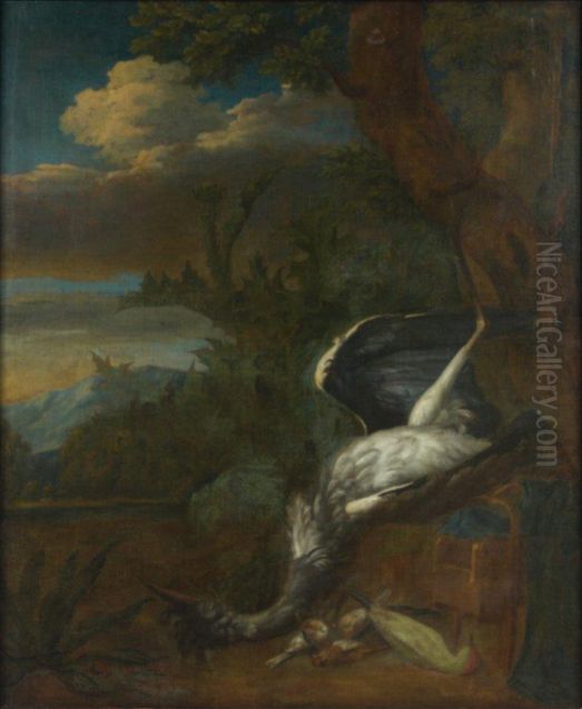 Hunting trophy with heron, woodpecker and sparrows Oil Painting by Bernaert De Bridt