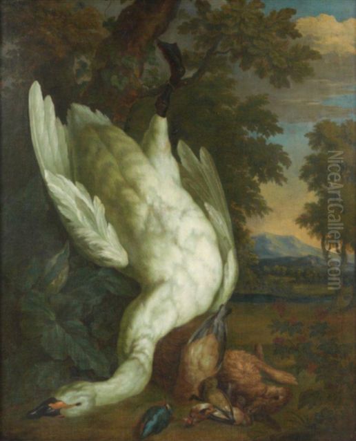 Hunting trophy with a white swan,jaysand a martin Oil Painting by Bernaert De Bridt