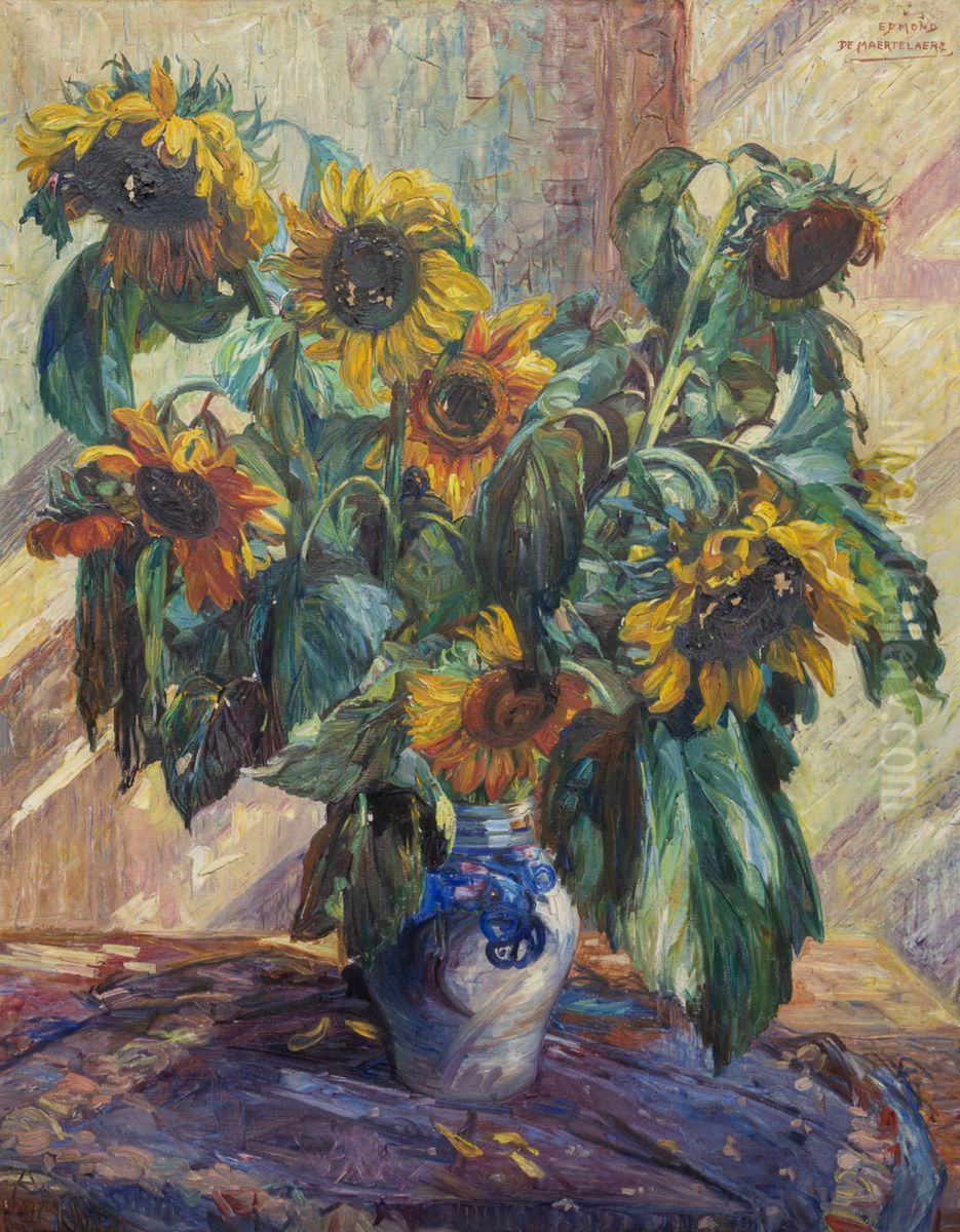 Flowers in a vase on a table Oil Painting by Edmond De Maertelaere