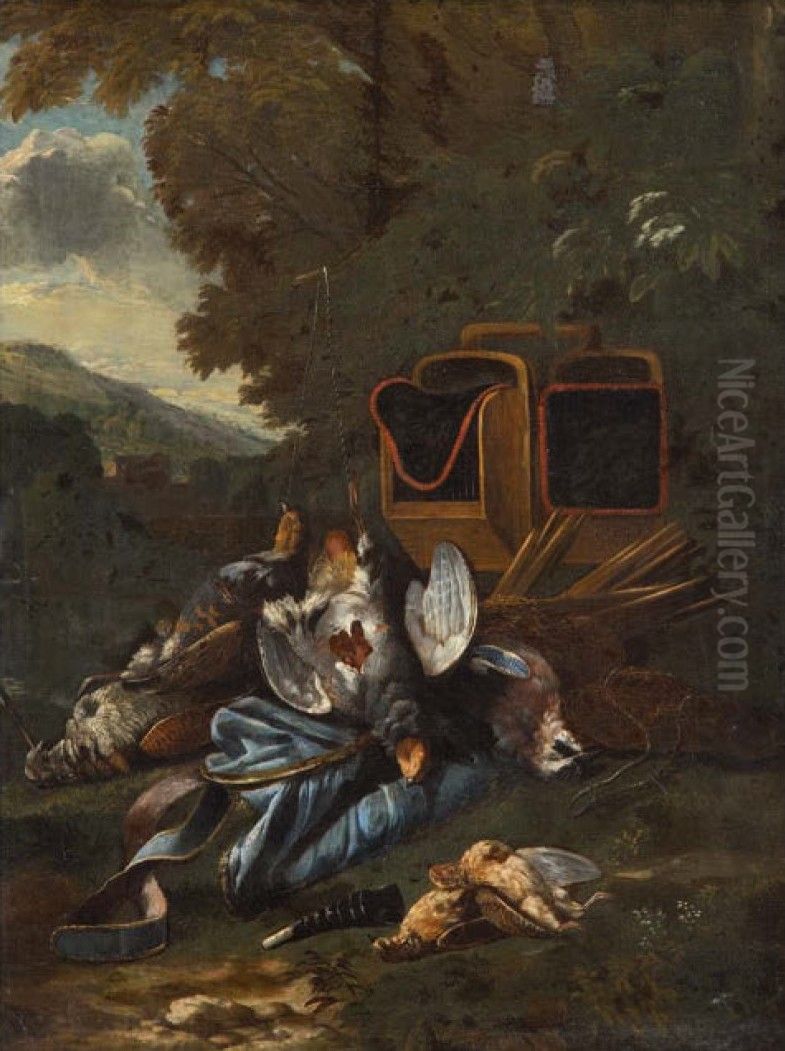 Still life of hunting trophy before a landscape Oil Painting by Bernaert De Bridt