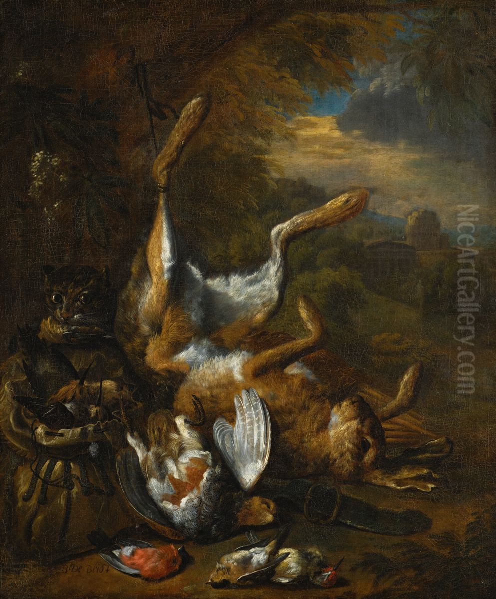 Hunting still life with a cat, a dead hare and songbirds in a landscape. Oil Painting by Bernaert De Bridt