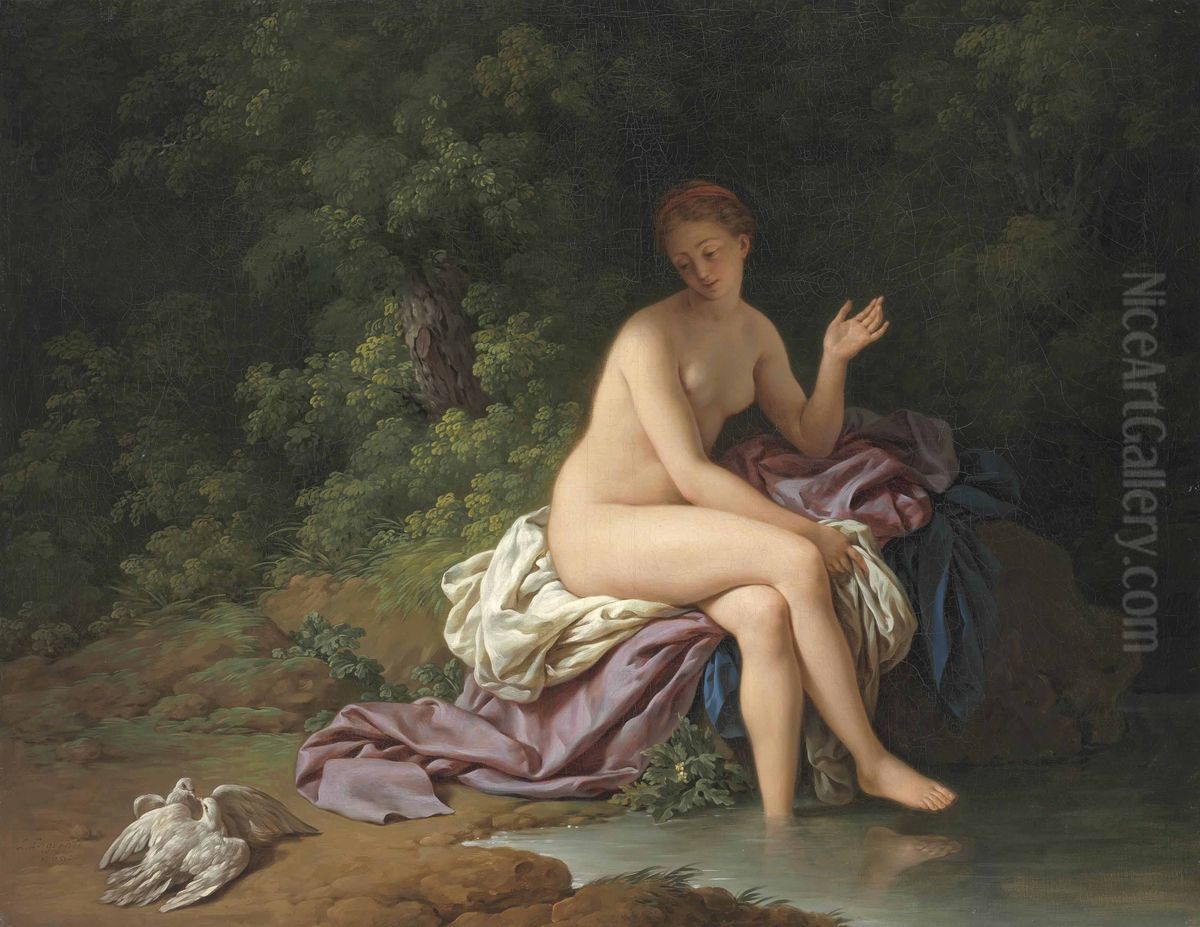 A lady bathing by a river, with two turtledoves Oil Painting by Louis-Jean-Francois Lagrenee