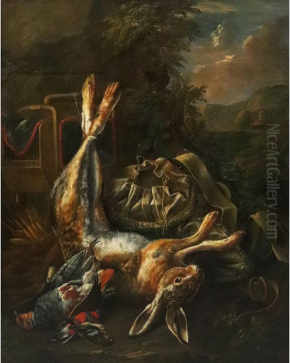 Hunting still life of hung hare and other game Oil Painting by Bernaert De Bridt
