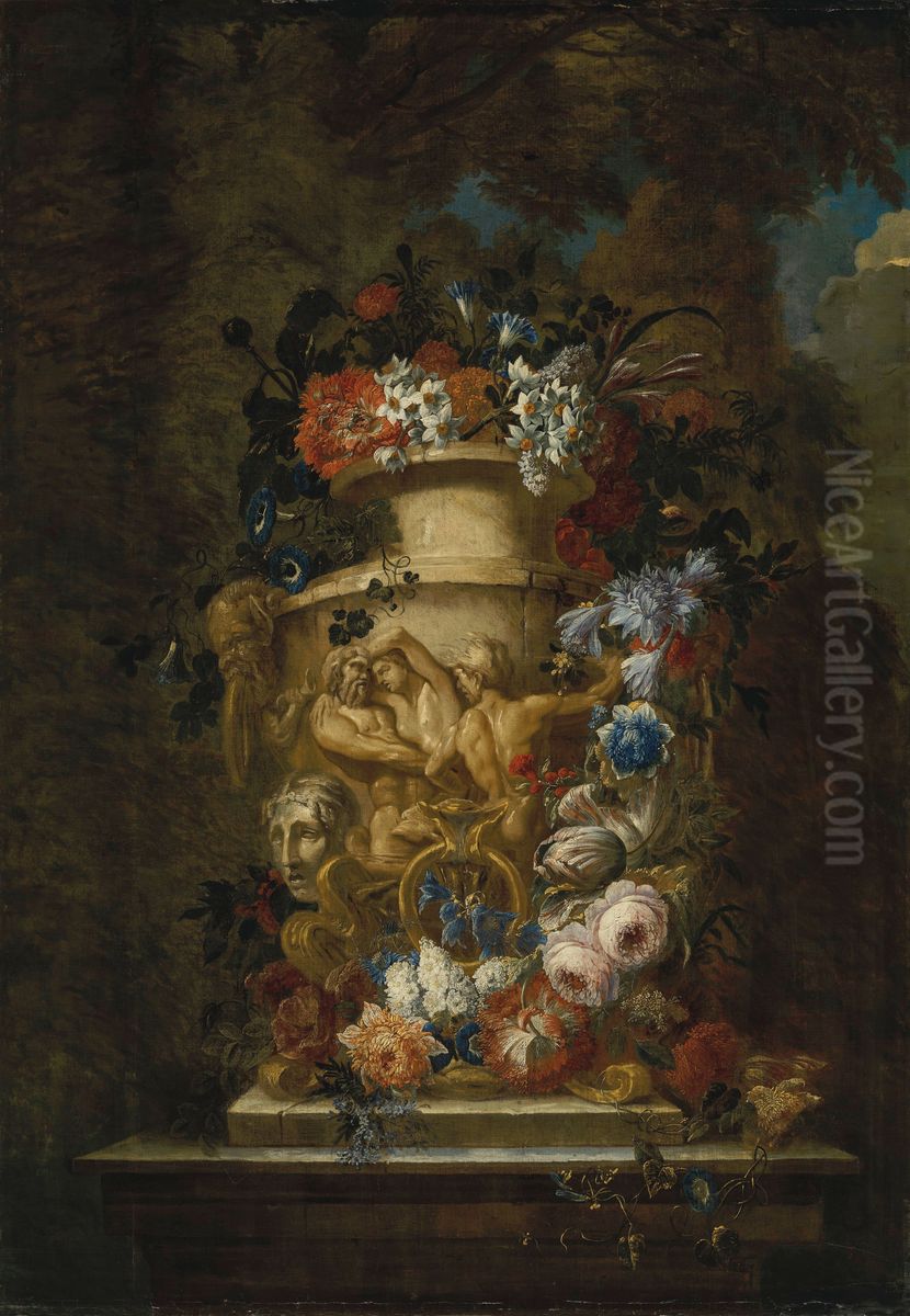 A bouquet of flowers in an urn Oil Painting by Gaspar Peeter Verbruggen the Younger