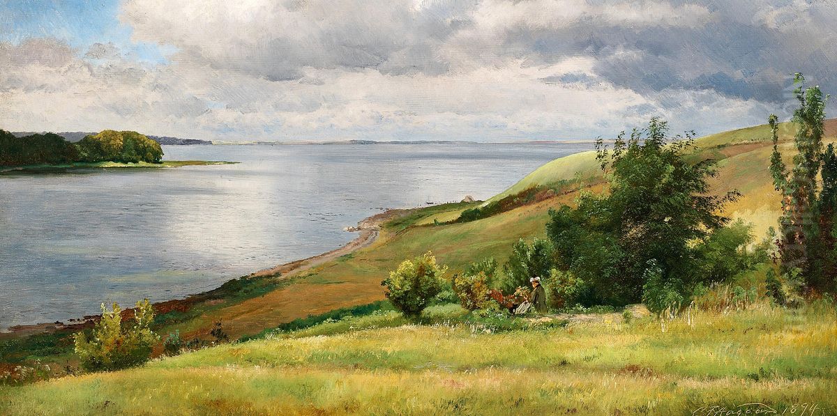 A man is admiring a coastal landscape. Oil Painting by Carl Frederik Aagaard