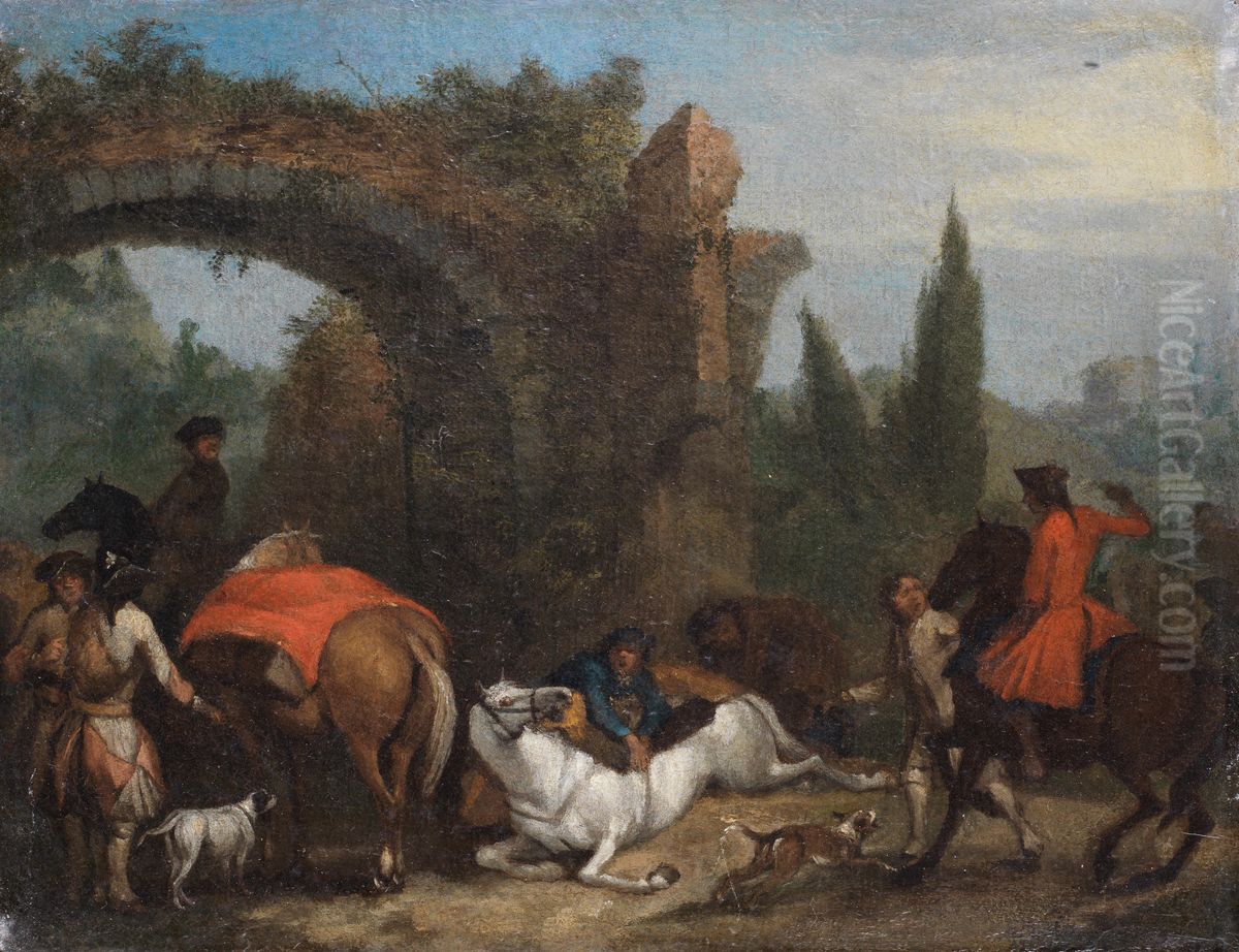 Huntsmen on horseback before a ruined arch Oil Painting by Jan Peeter Verdussen