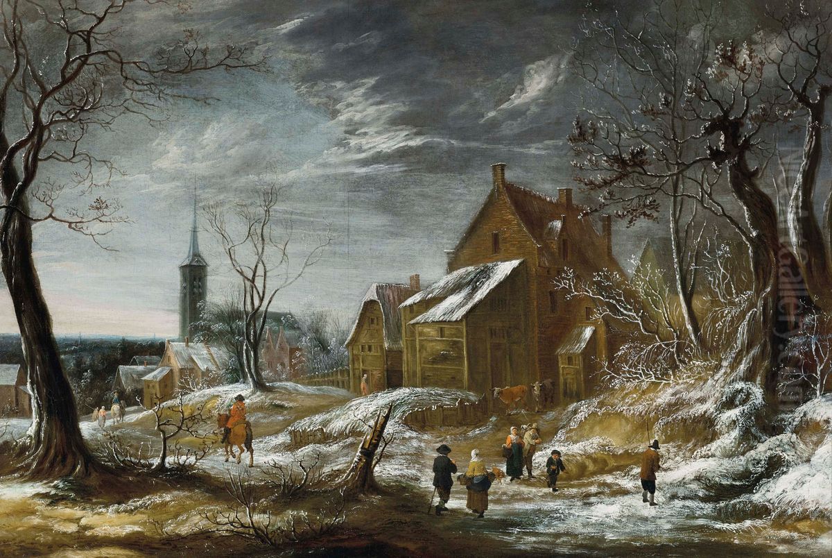 Winter landscape with figures on a village road Oil Painting by Daniel van Heil