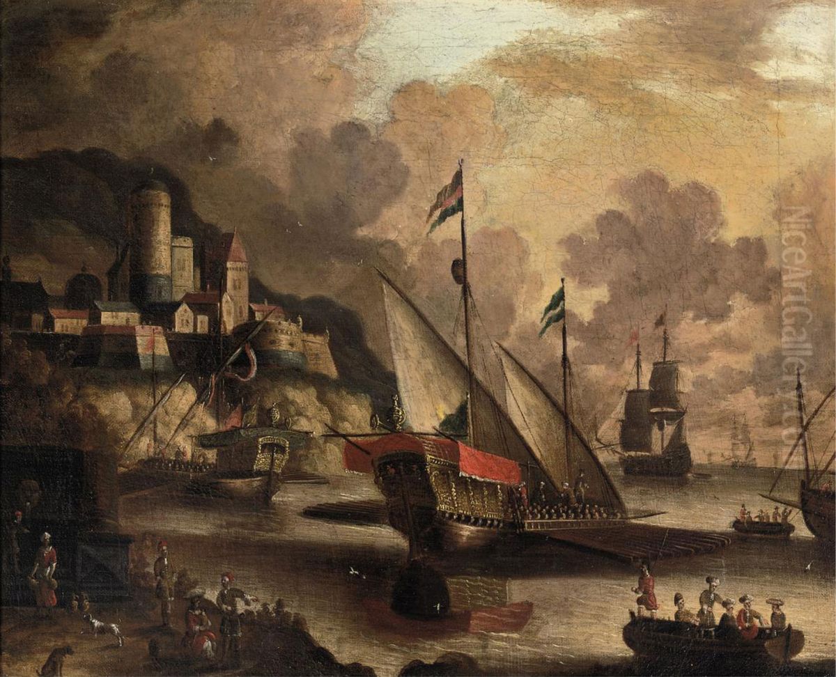 Galleys and other ships at anchor in a natural harbor near a fortified town Oil Painting by Peter van de Velde