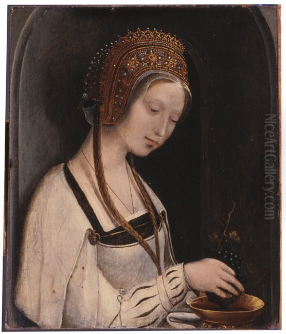 A female Saint, half-length, in a white dress, in a feigned stone niche: a fragment Oil Painting by Cornelis Engebrechtsz.