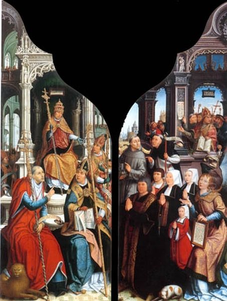 Jean Poitiers and his family (left); Pope Sixtus IV announcing the dogma of the Immaculate Conception (right) Oil Painting by Jehan Bellegambe