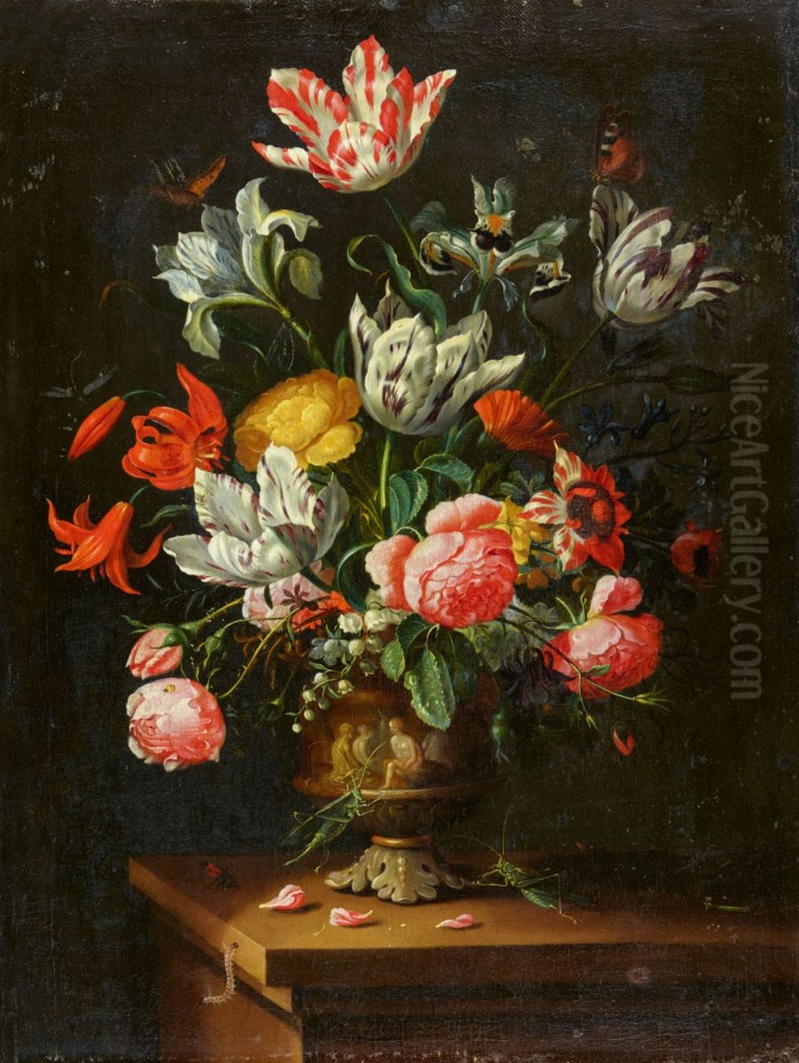 Flower Still Life with Roses, Tulips, a Lily, and a Caterpillar on a Tabletop Oil Painting by Jan Baptist Morel