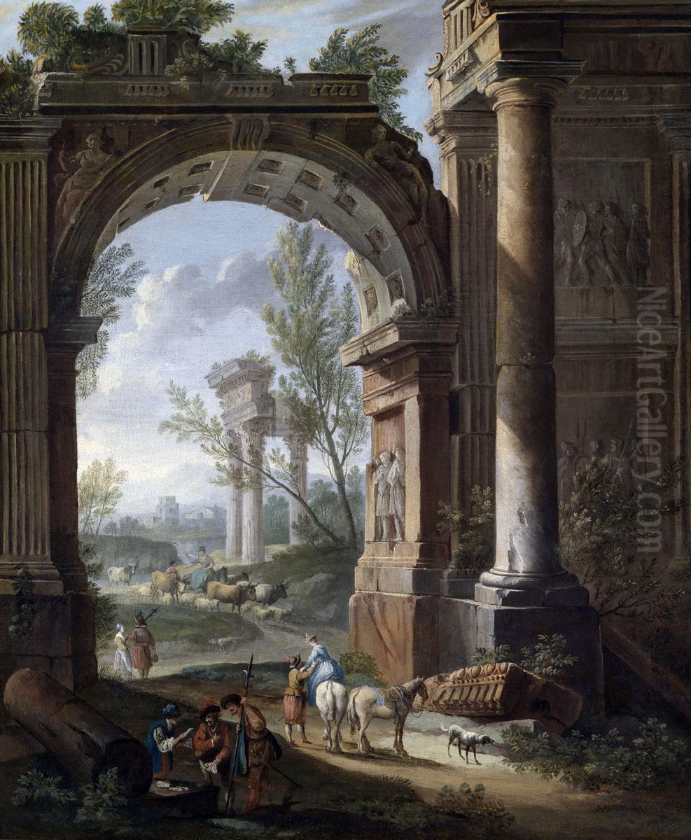Shepherds and resting soldiers in front of an ancient city gate Oil Painting by Giacomo Van Lint
