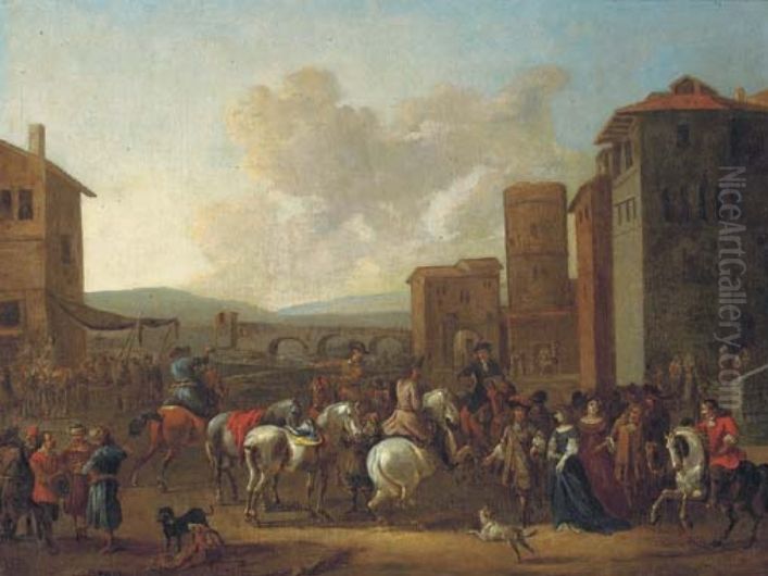 Italianate town with horsemen, elegant figures and merchants, a bridge beyond Oil Painting by Franciscus Hamers