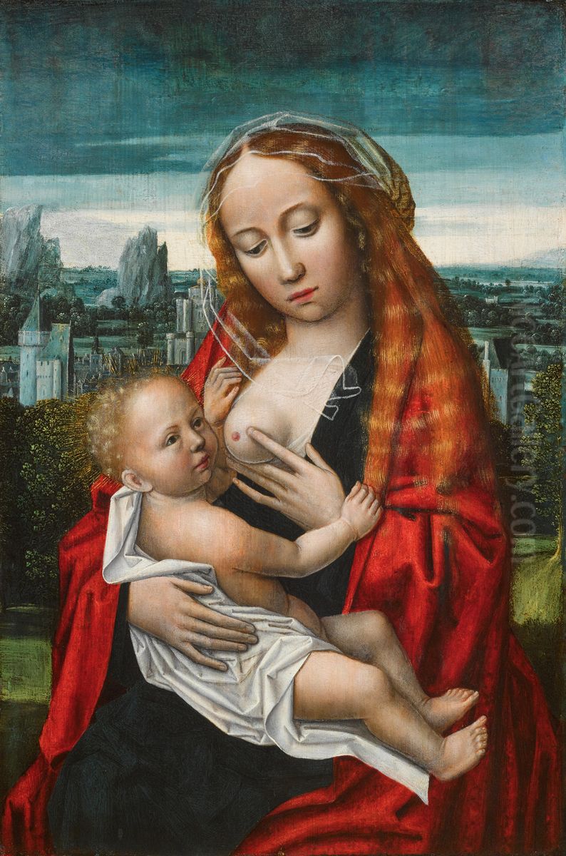 Maria met kind zittend voor een landschap Oil Painting by Ambrosius Benson